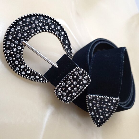 Genuine Italian Leather Belt Bling Buckle Rhinestones Silver Tone Hardware - Picture 2 of 15